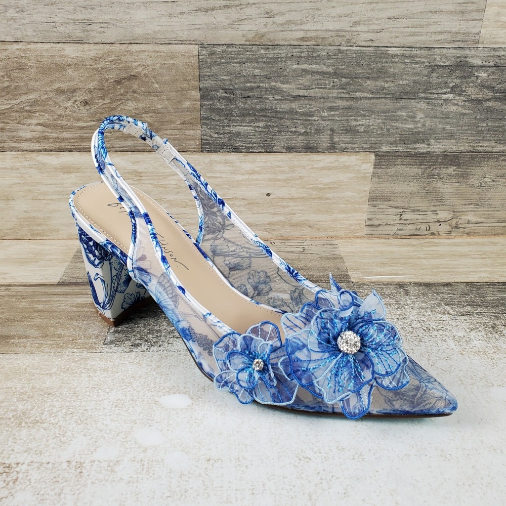 Betsey Johnson Avi Womens Pumps Sz 9 White Blue Floral Mesh Block Heel Slingback